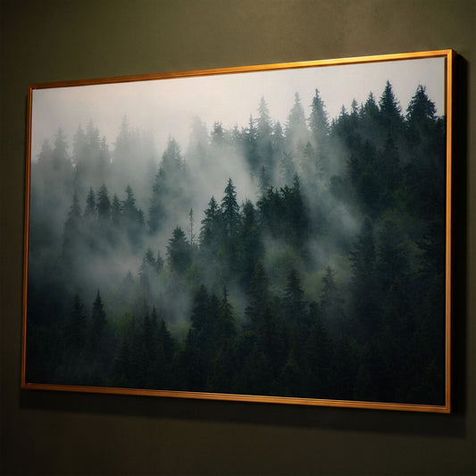 Misty Pine Forest Canvas Art, Fog Through Evergreens shown in antique gold floating frame