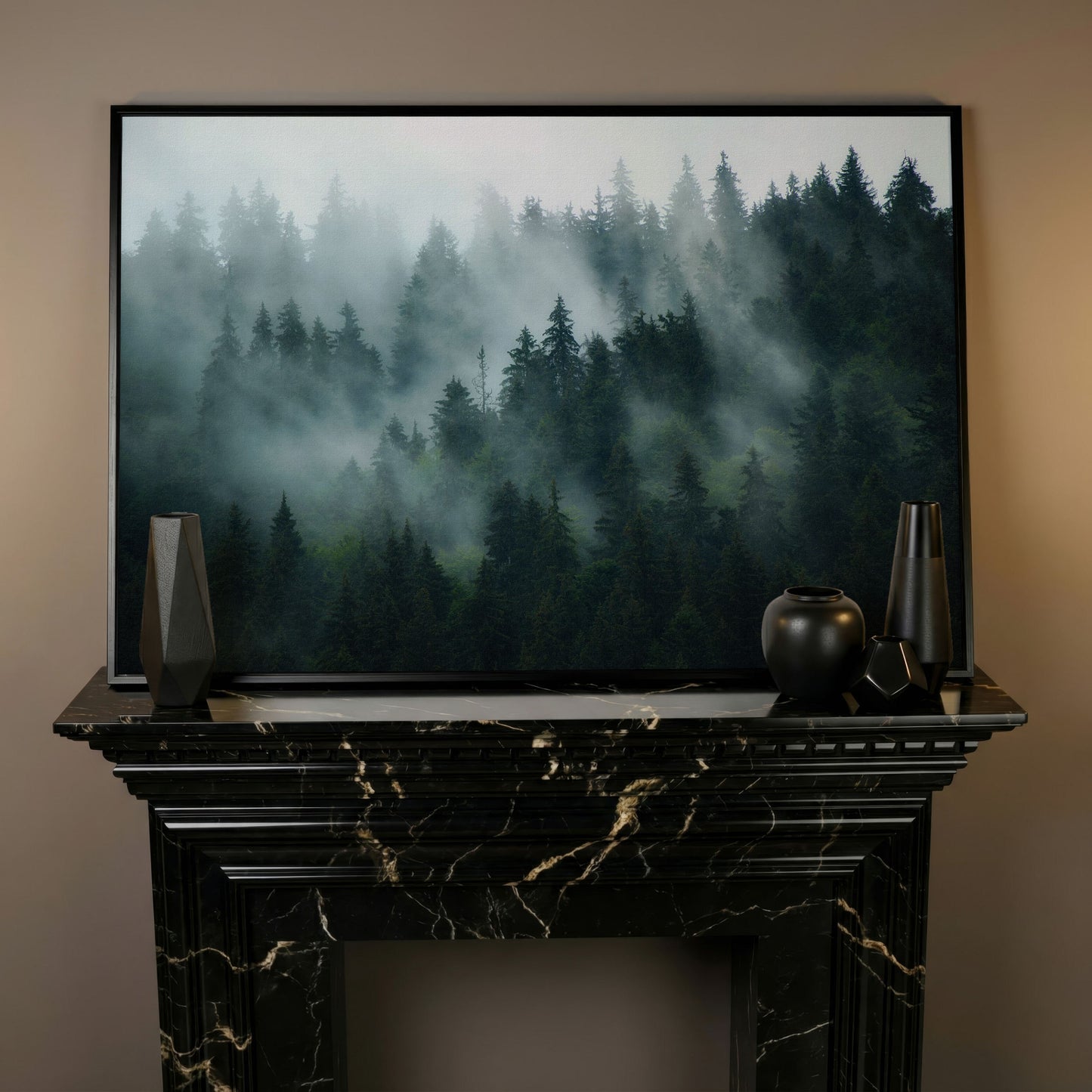 Misty Pine Forest Canvas Art, Fog Through Evergreens in black floating frame