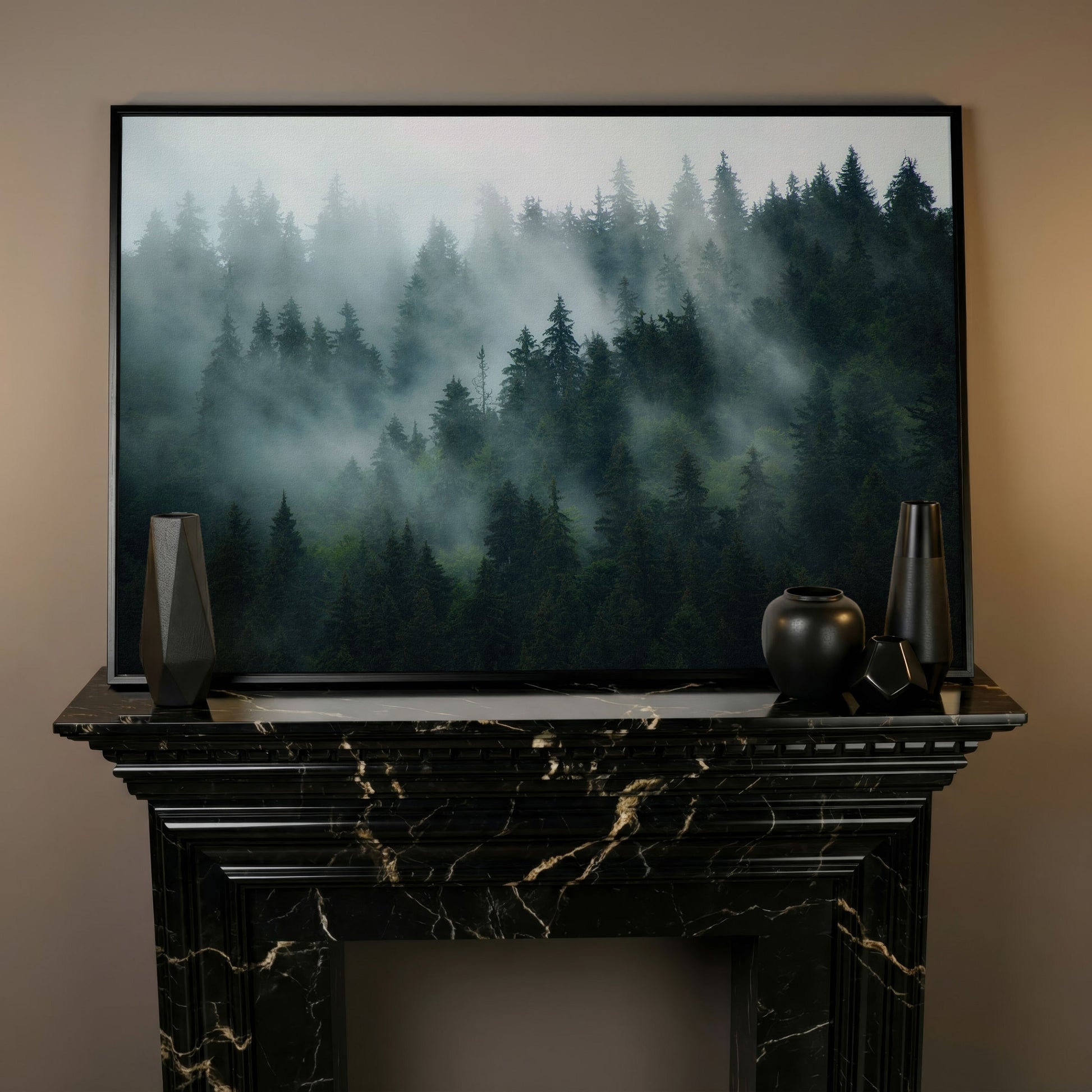 Misty Pine Forest Canvas Art, Fog Through Evergreens in black floating frame