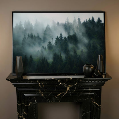 Misty Pine Forest Canvas Art, Fog Through Evergreens in black floating frame