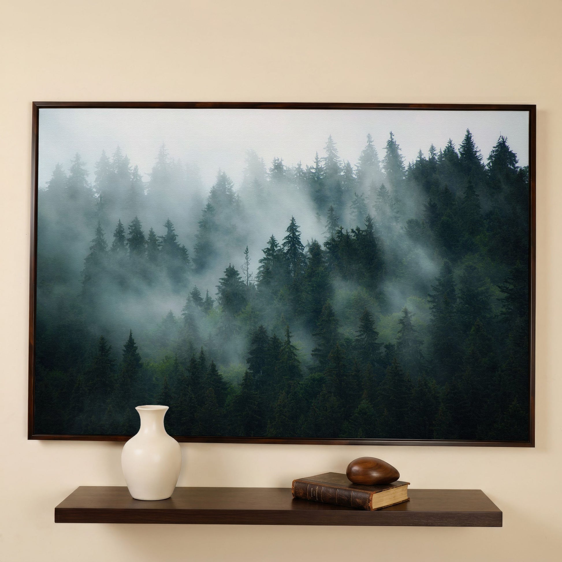 Misty Pine Forest Canvas Art, Fog Through Evergreens in dark walnut floating frame