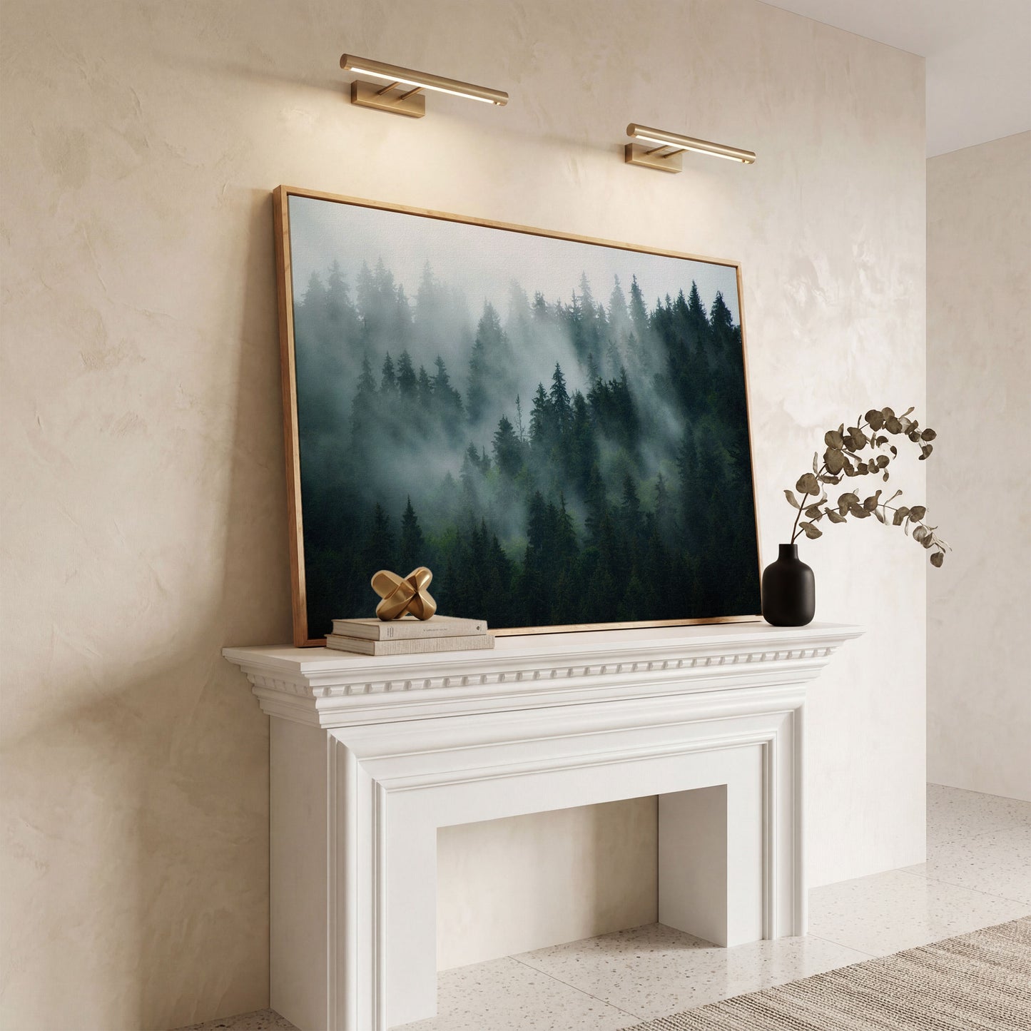 Misty Pine Forest Canvas Art, Fog Through Evergreens in white oak floating frame