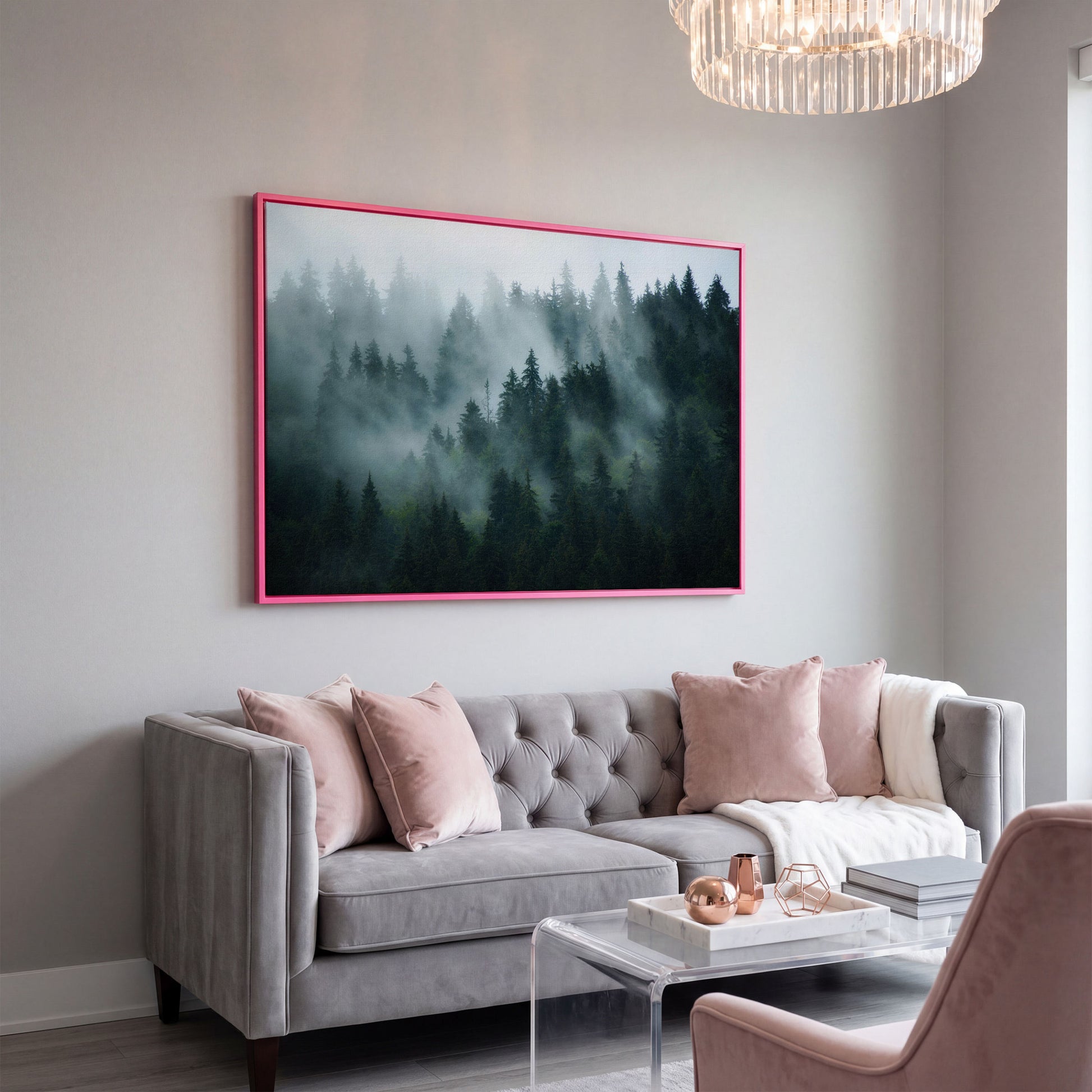 Misty Pine Forest Canvas Art, Fog Through Evergreens in pink floating frame