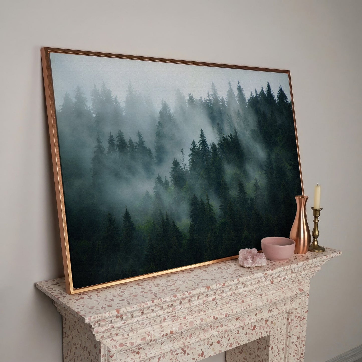 Misty Pine Forest Canvas Art, Fog Through Evergreens in rose gold floating frame