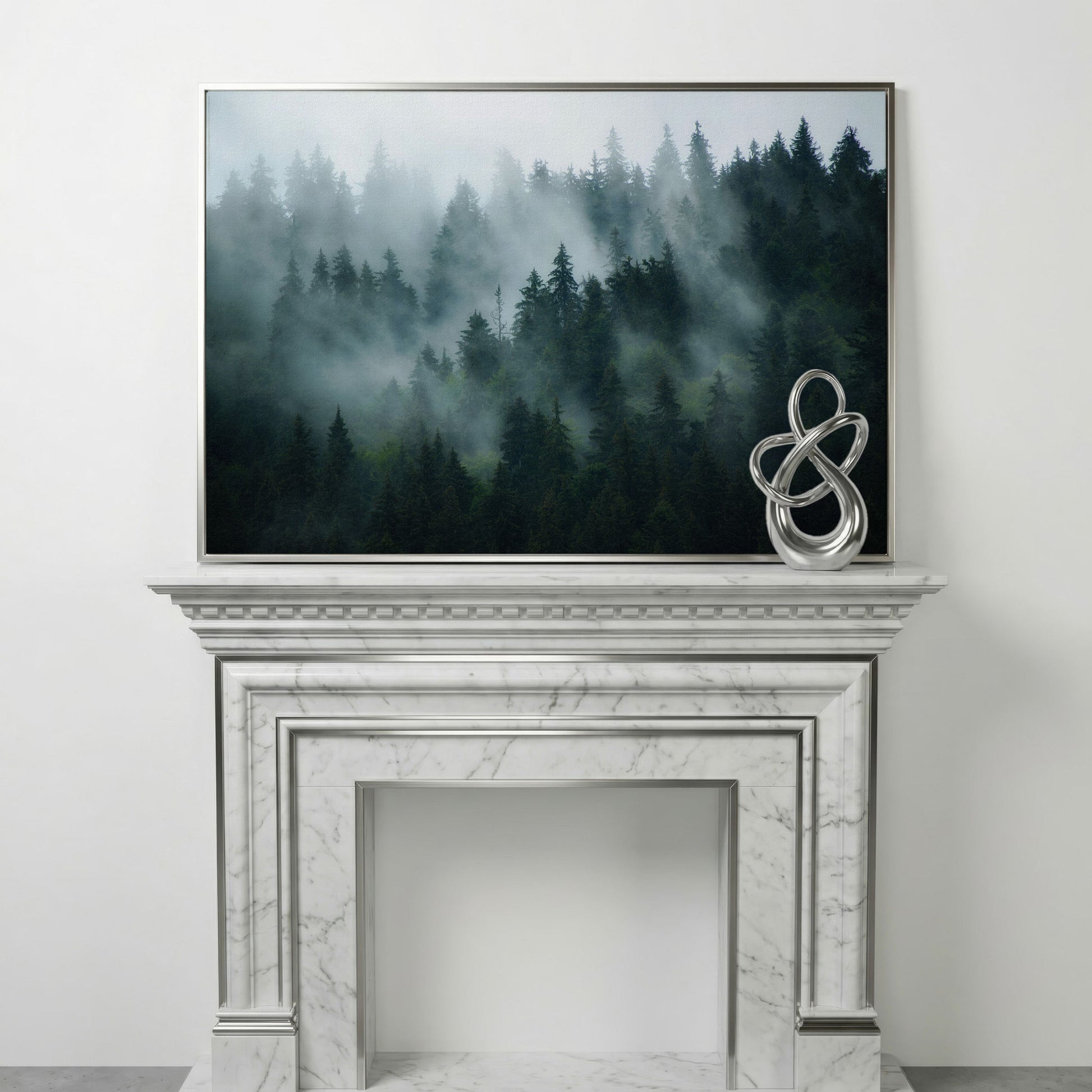 Misty Pine Forest Canvas Art, Fog Through Evergreens in silver floating frame