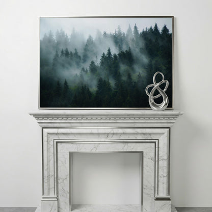 Misty Pine Forest Canvas Art, Fog Through Evergreens in silver floating frame