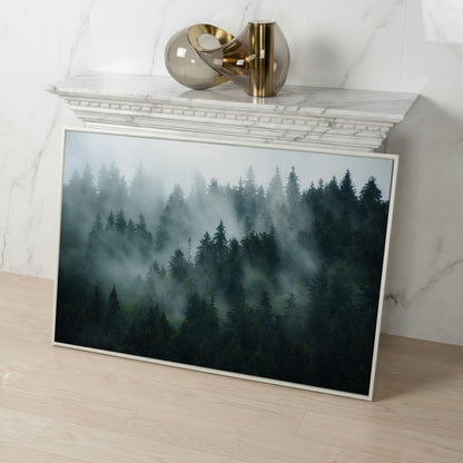 Misty Pine Forest Canvas Art, Fog Through Evergreens in white floating frame