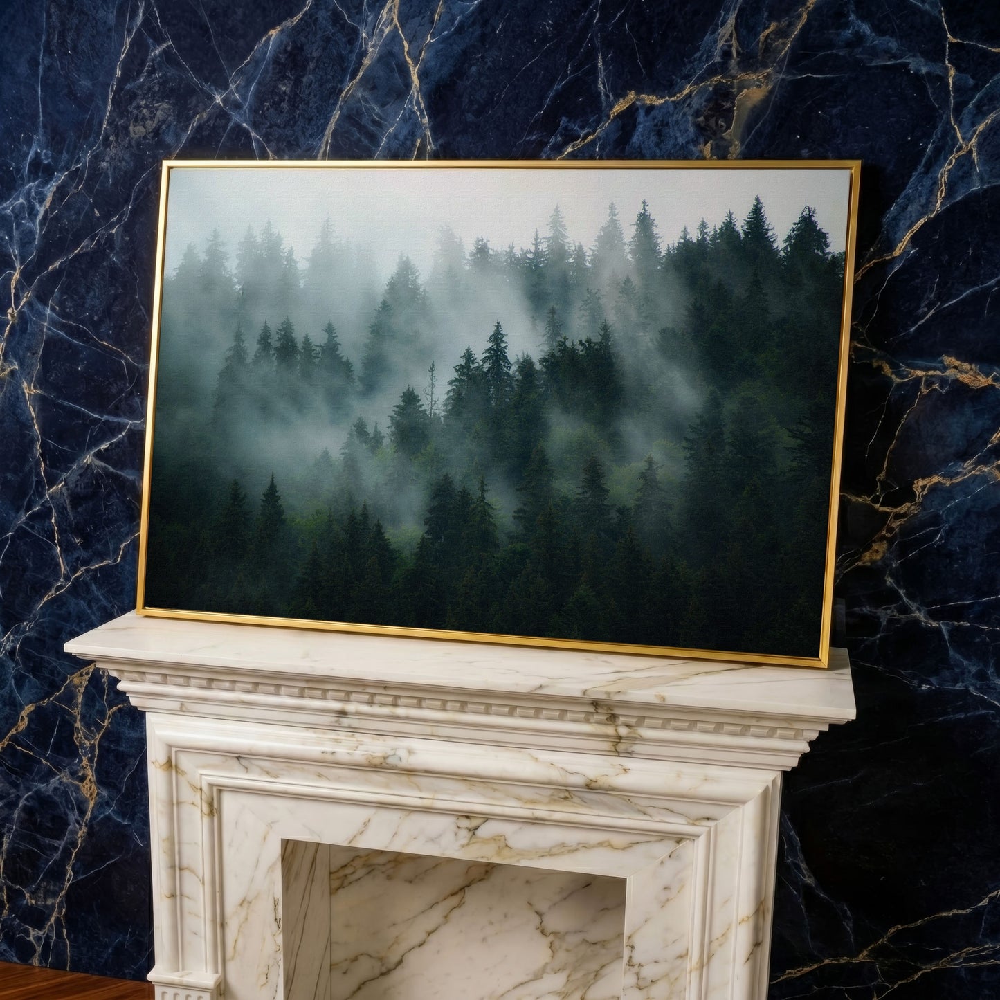 Misty Pine Forest Canvas Art, Fog Through Evergreens in yellow gold floating frame