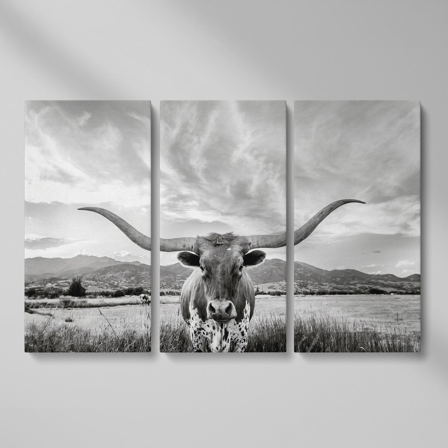 Texas Longhorn Portrait Canvas Wall Art, Mountain Sky Background as 3-panel split version