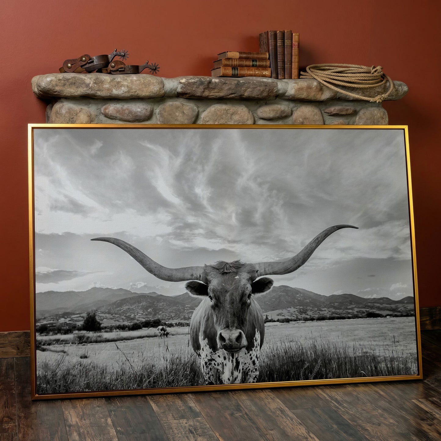 Texas Longhorn Portrait Canvas Wall Art, Mountain Sky Background in antique gold floating frame