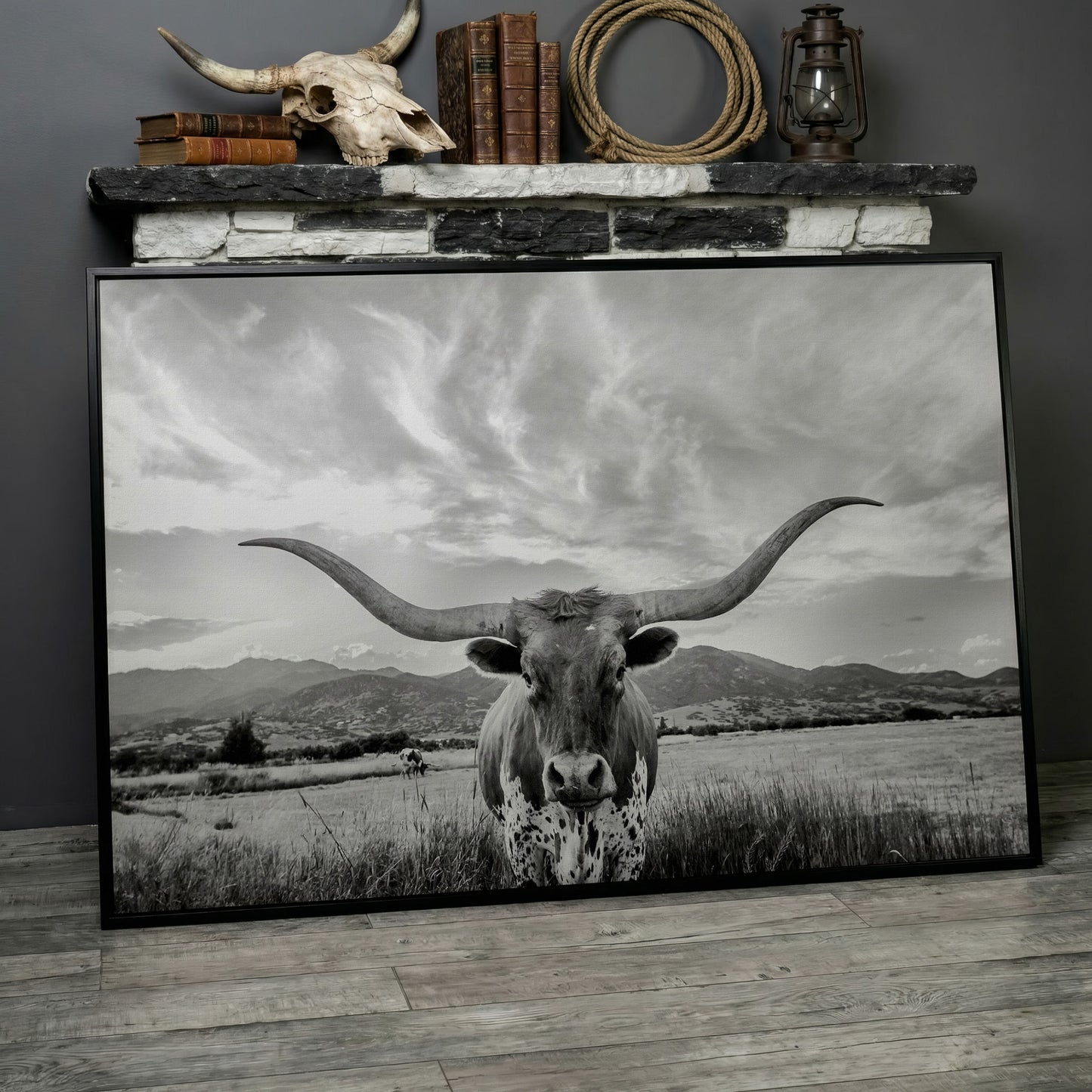 Texas Longhorn Portrait Canvas Wall Art, Mountain Sky Background in black floating frame