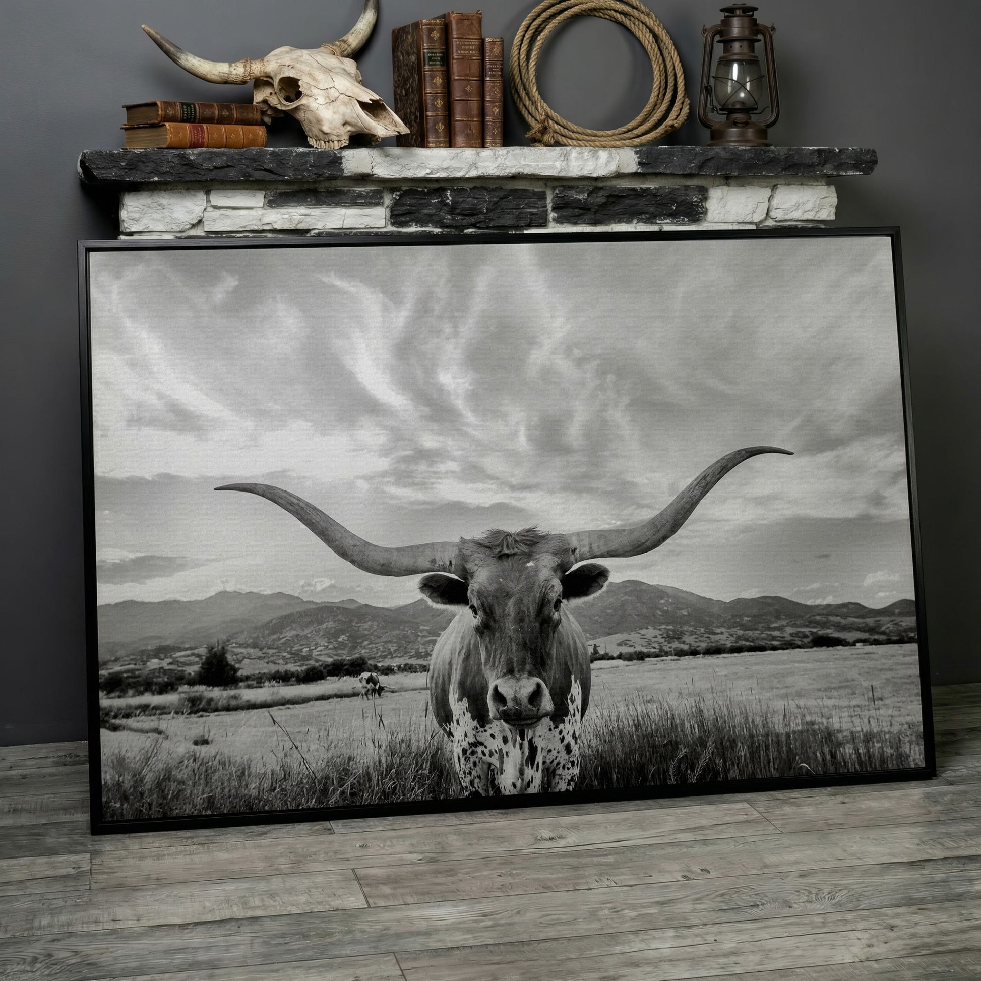 Texas Longhorn Portrait Canvas Wall Art, Mountain Sky Background in black floating frame