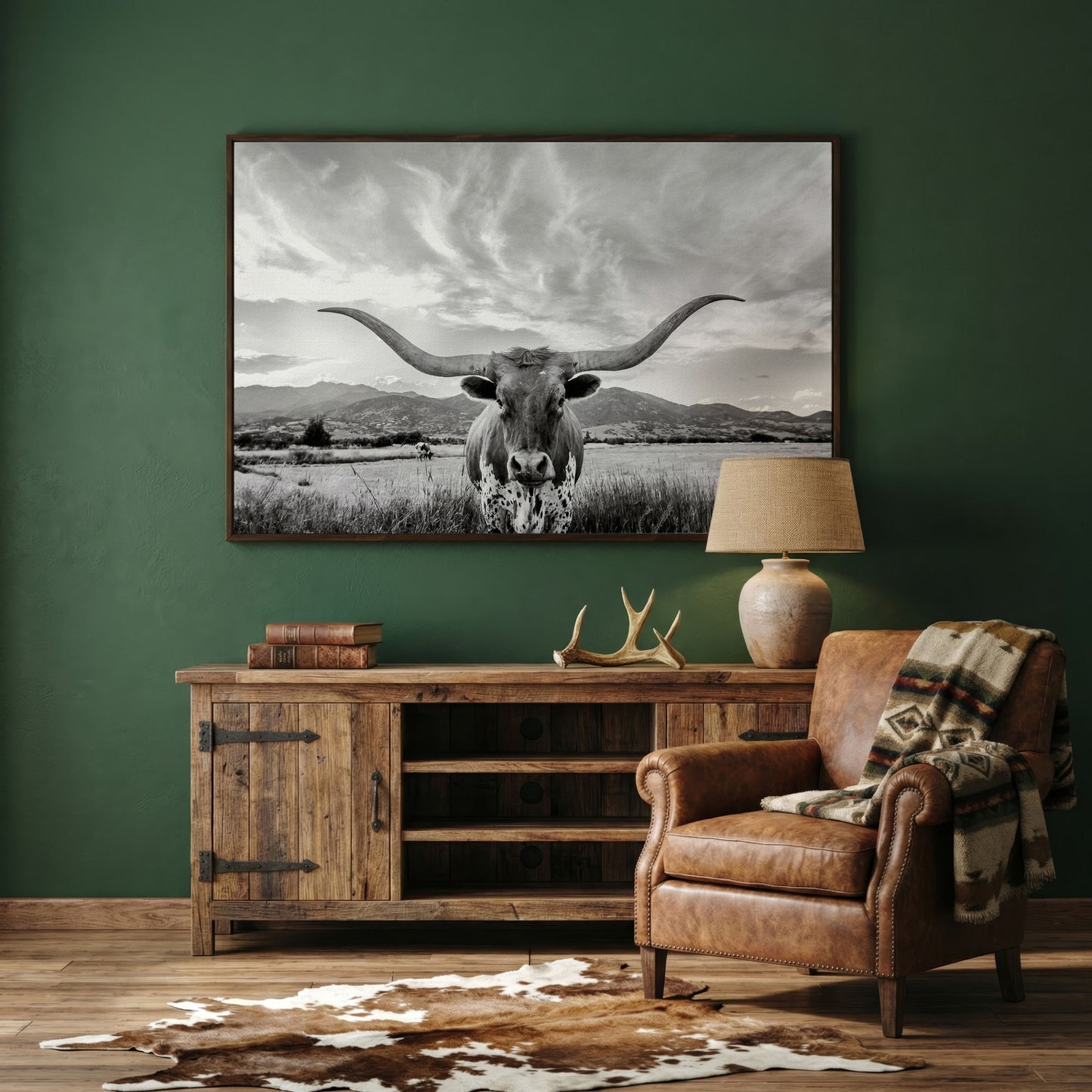 Texas Longhorn Portrait Canvas Wall Art, Mountain Sky Background in dark walnut floating frame