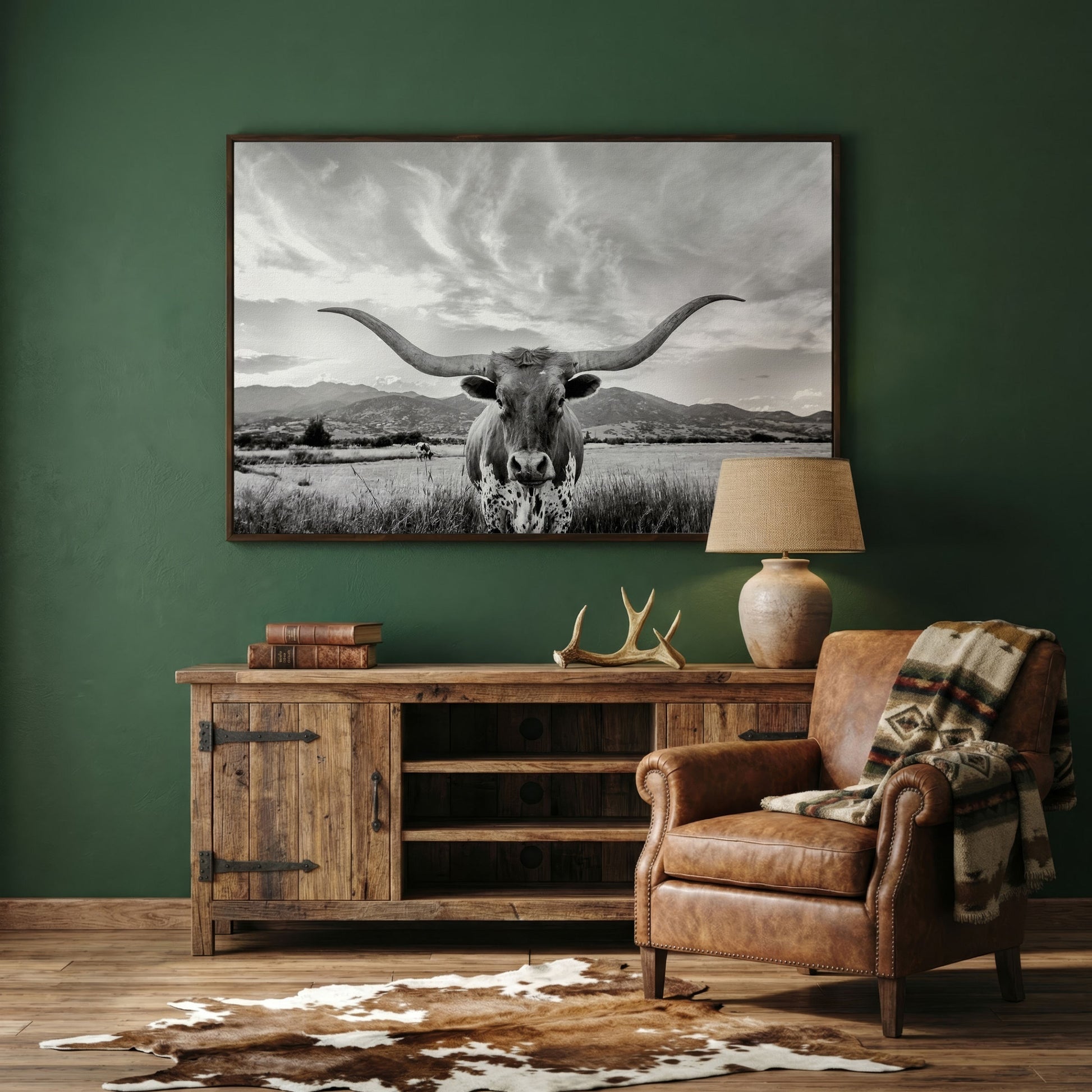 Texas Longhorn Portrait Canvas Wall Art, Mountain Sky Background in dark walnut floating frame