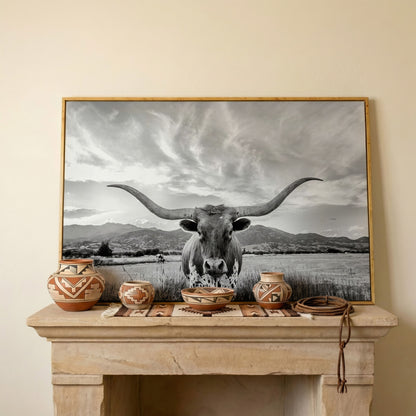 Texas Longhorn Portrait Canvas Wall Art, Mountain Sky Background in white oak floating frame
