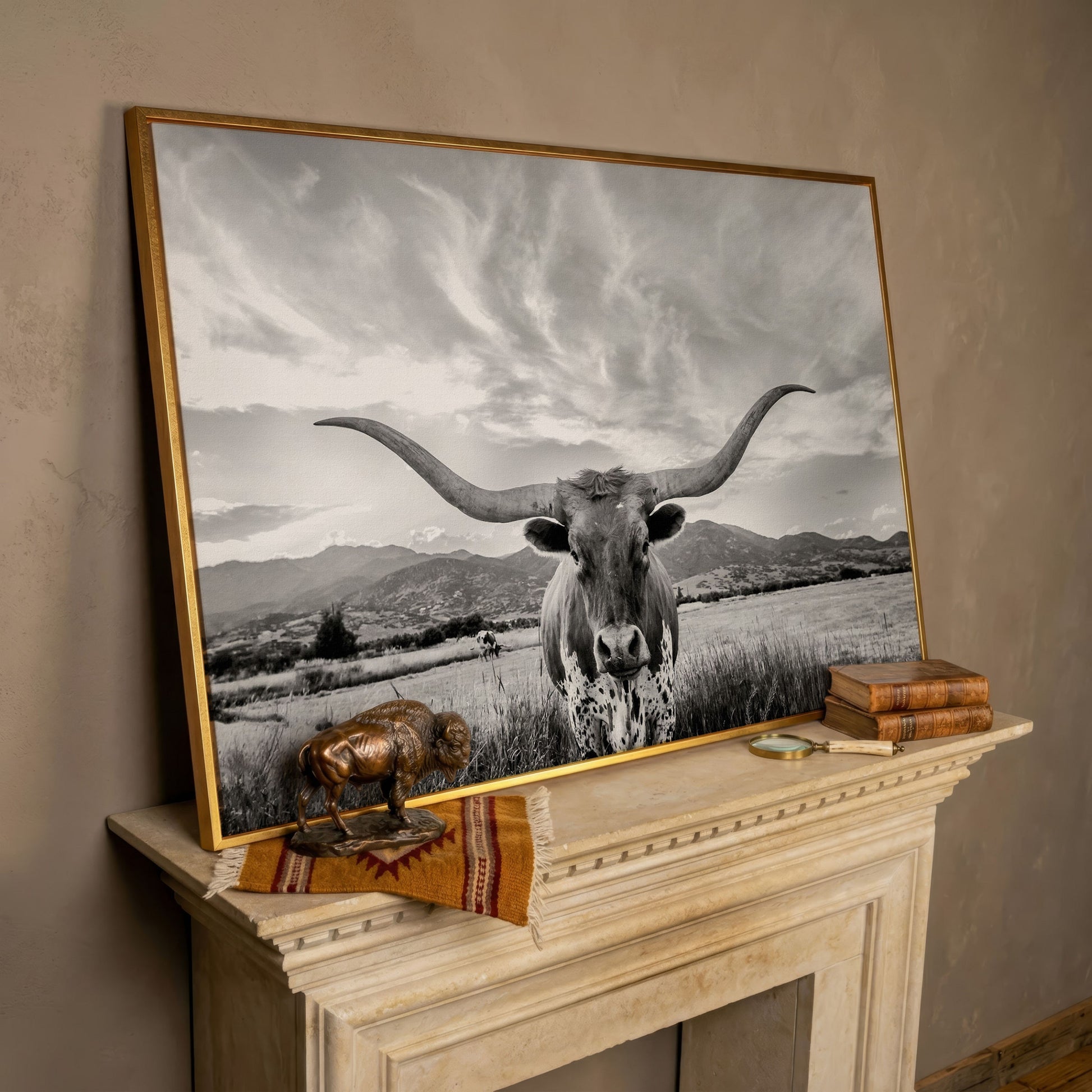 Texas Longhorn Portrait Canvas Wall Art, Mountain Sky Background in rose gold floating frame