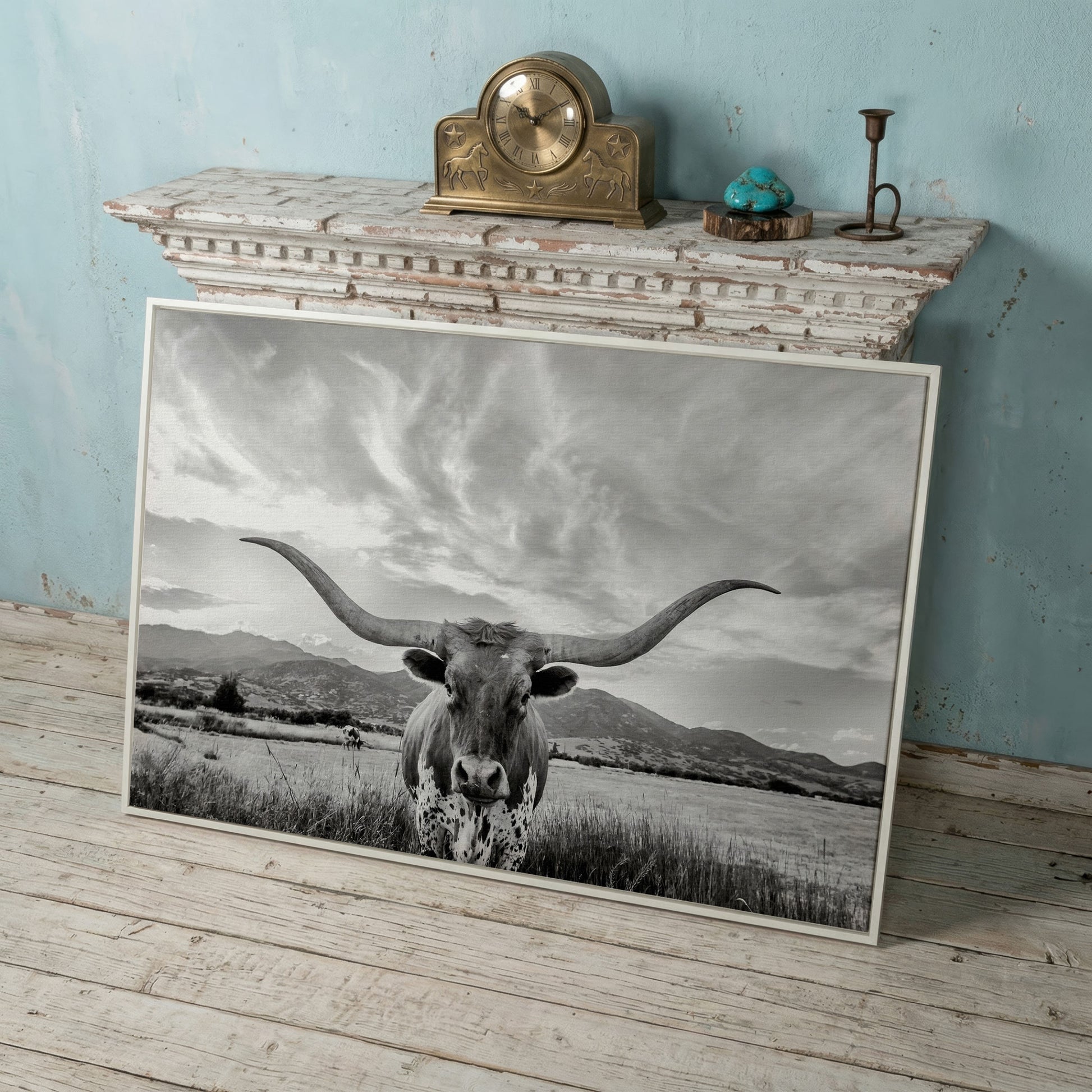 Texas Longhorn Portrait Canvas Wall Art, Mountain Sky Background in white floating frame