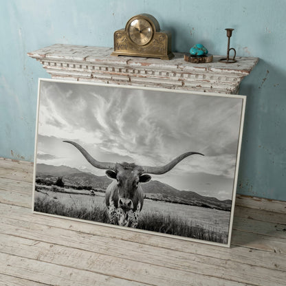 Texas Longhorn Portrait Canvas Wall Art, Mountain Sky Background in white floating frame