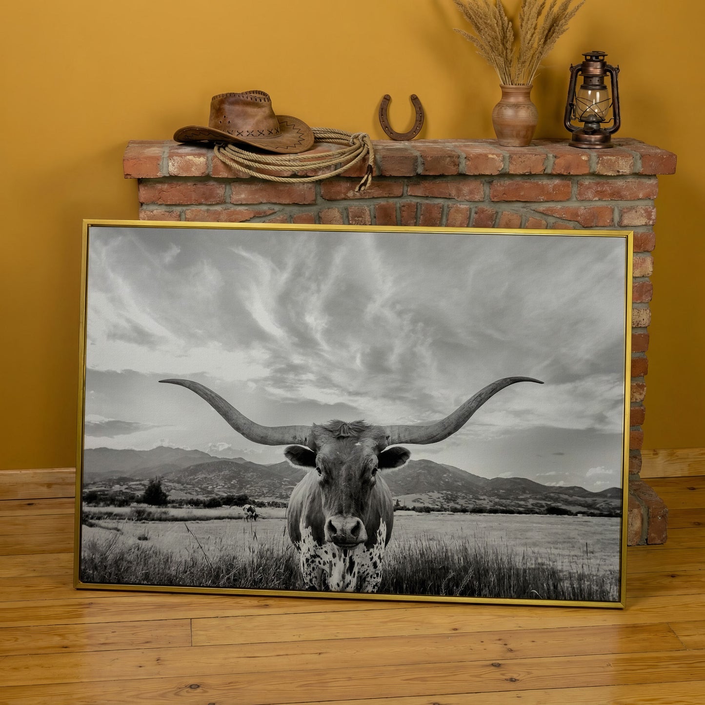 Texas Longhorn Portrait Canvas Wall Art, Mountain Sky Background in yellow gold floating frame