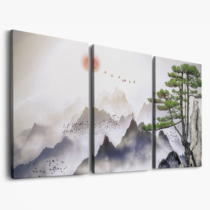 Mountain Sunrise Canvas Art with Birds and Winter Tree as 3-panel split version