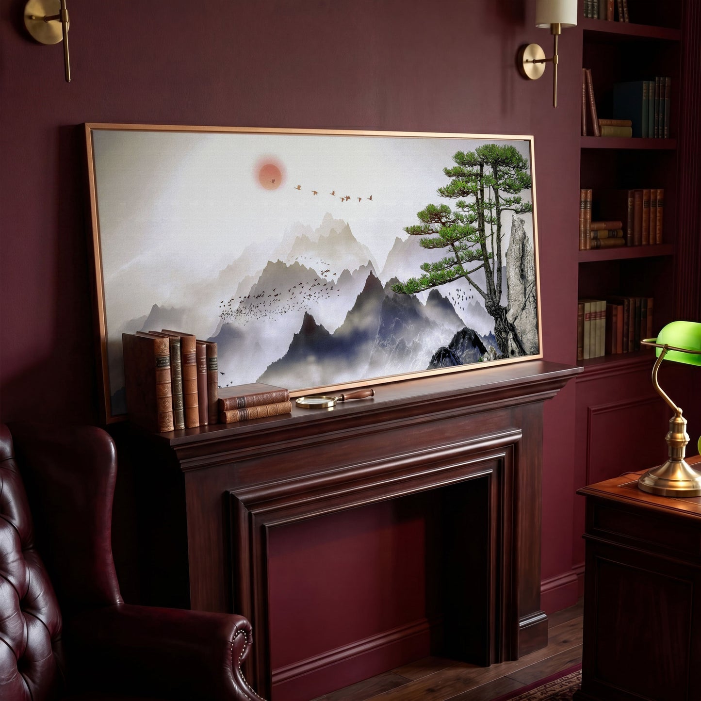 Mountain Sunrise Canvas Art with Birds and Winter Tree in antique gold floating frame