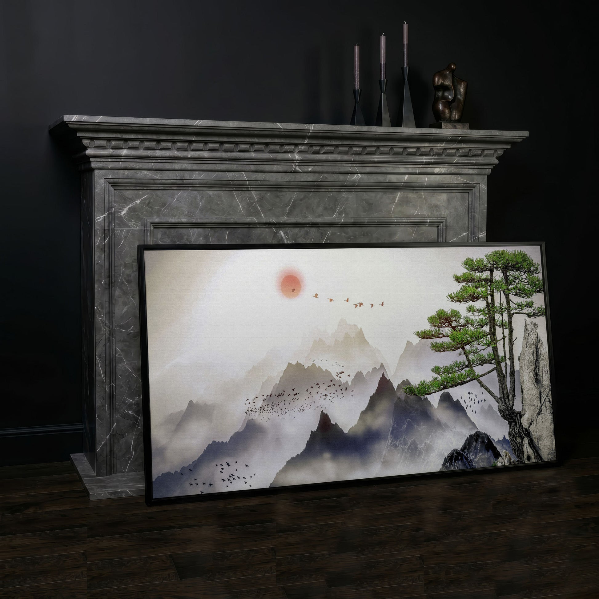 Mountain Sunrise Canvas Art with Birds and Winter Tree in black floating frame