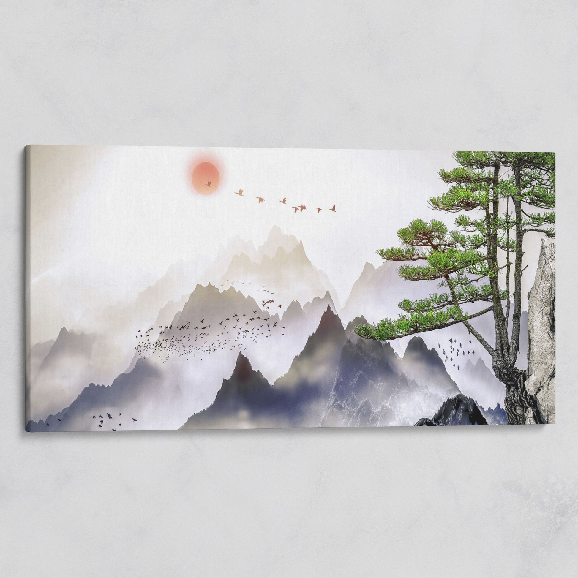 Mountain Sunrise Canvas Art with Birds and Winter Tree on gallery wrap