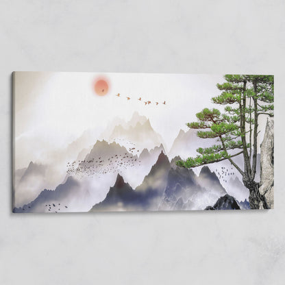 Mountain Sunrise Canvas Art with Birds and Winter Tree on gallery wrap