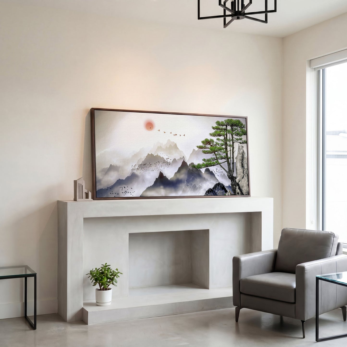 Mountain Sunrise Canvas Art with Birds and Winter Tree in dark walnut floating frame
