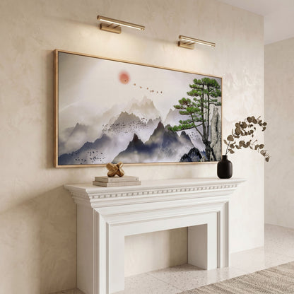 Mountain Sunrise Canvas Art with Birds and Winter Tree in white oak floating frame