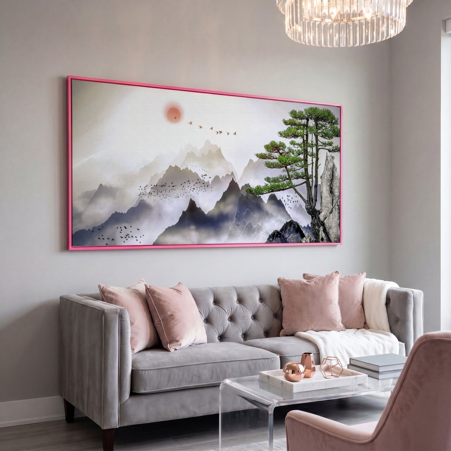 Mountain Sunrise Canvas Art with Birds and Winter Tree in pink floating frame