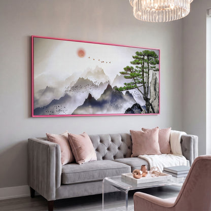 Mountain Sunrise Canvas Art with Birds and Winter Tree in pink floating frame