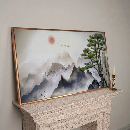 Mountain Sunrise Canvas Art with Birds and Winter Tree in rose gold floating frame