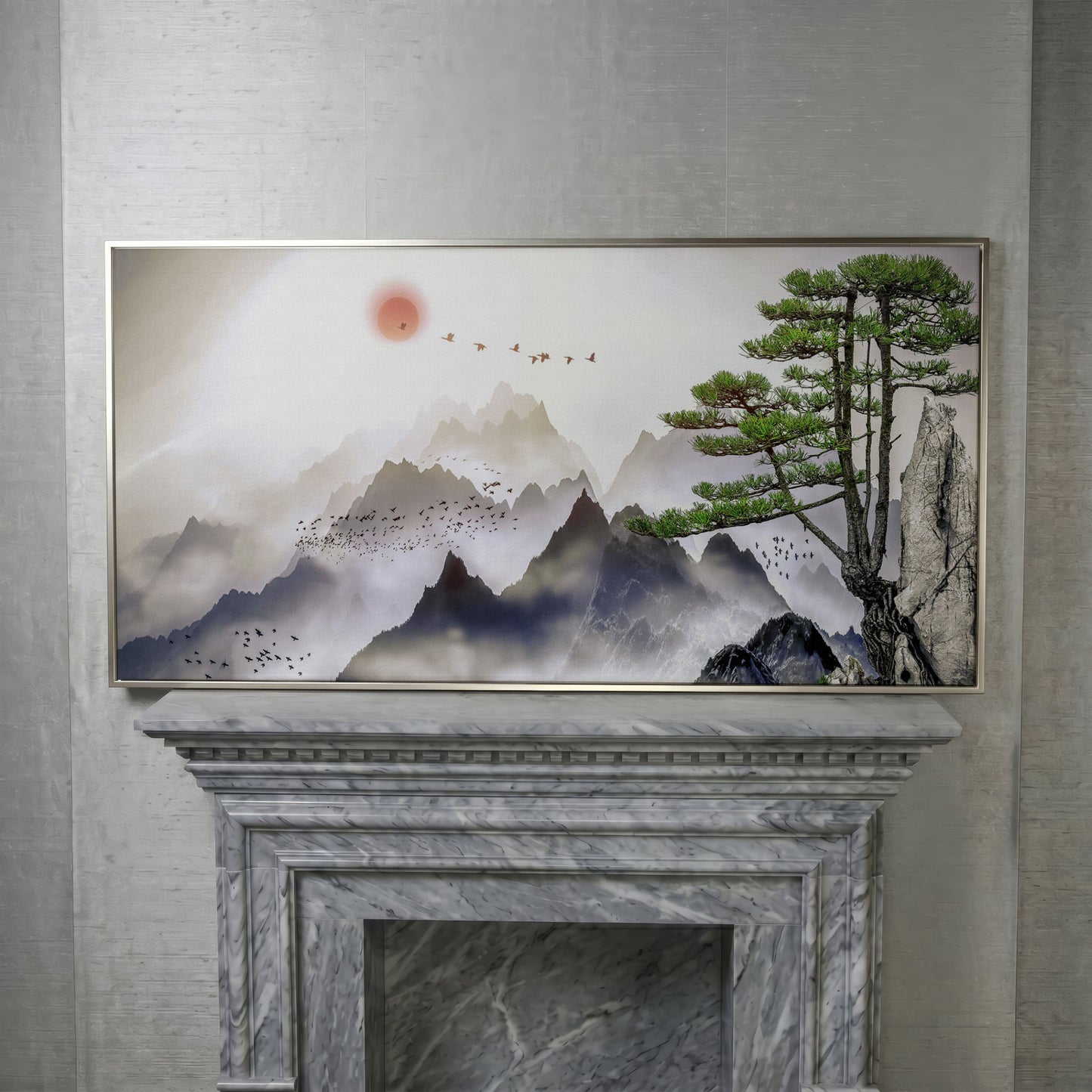 Mountain Sunrise Canvas Art with Birds and Winter Tree in silver floating frame