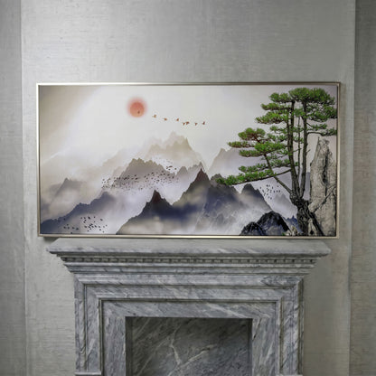 Mountain Sunrise Canvas Art with Birds and Winter Tree in silver floating frame