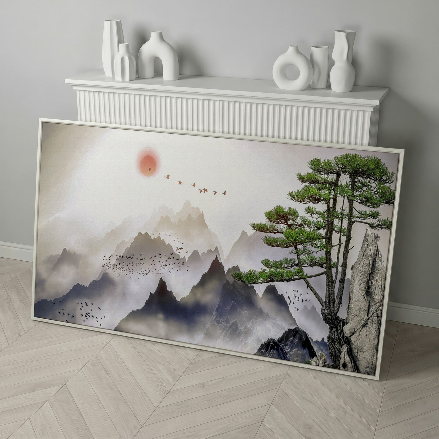 Mountain Sunrise Canvas Art with Birds and Winter Tree in white floating frame