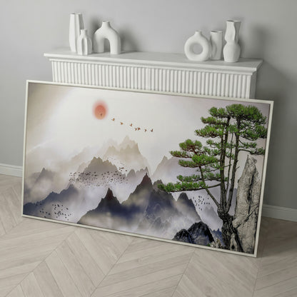 Mountain Sunrise Canvas Art with Birds and Winter Tree in white floating frame