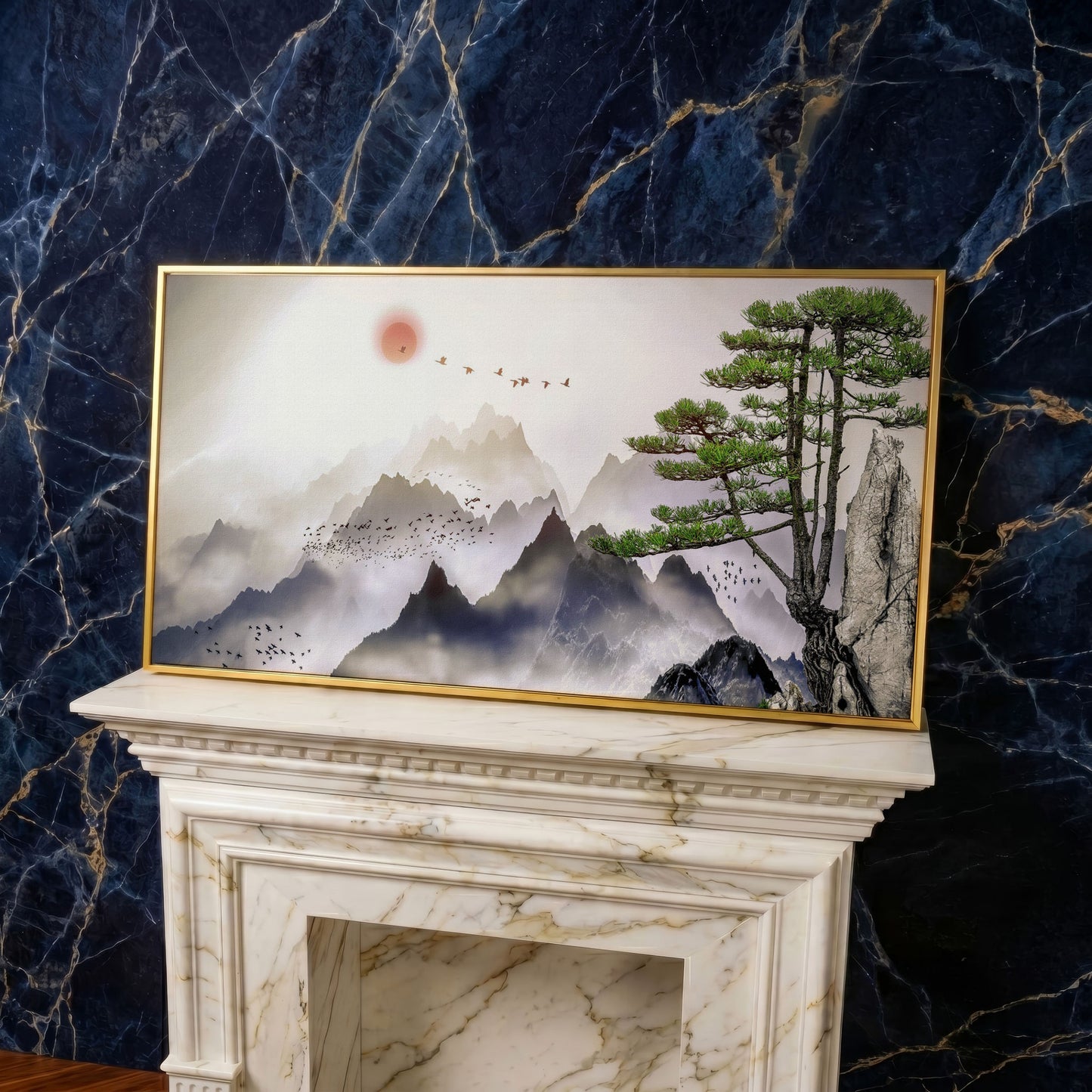 Mountain Sunrise Canvas Art with Birds and Winter Tree in yellow gold floating frame