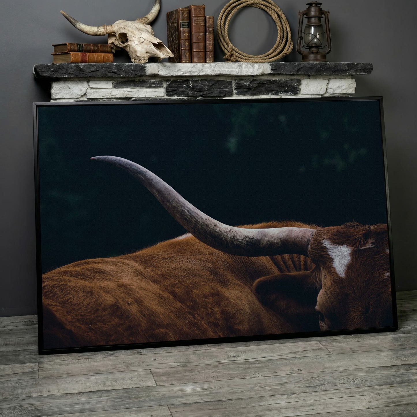 Texas Longhorn Close-Up Canvas Wall Art, Western Farmhouse Decor in black floating frame