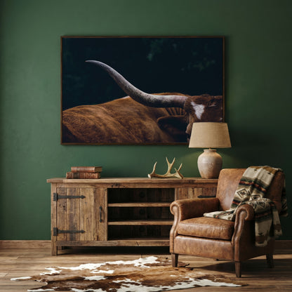 Texas Longhorn Close-Up Canvas Wall Art, Western Farmhouse Decor in dark walnut floating frame