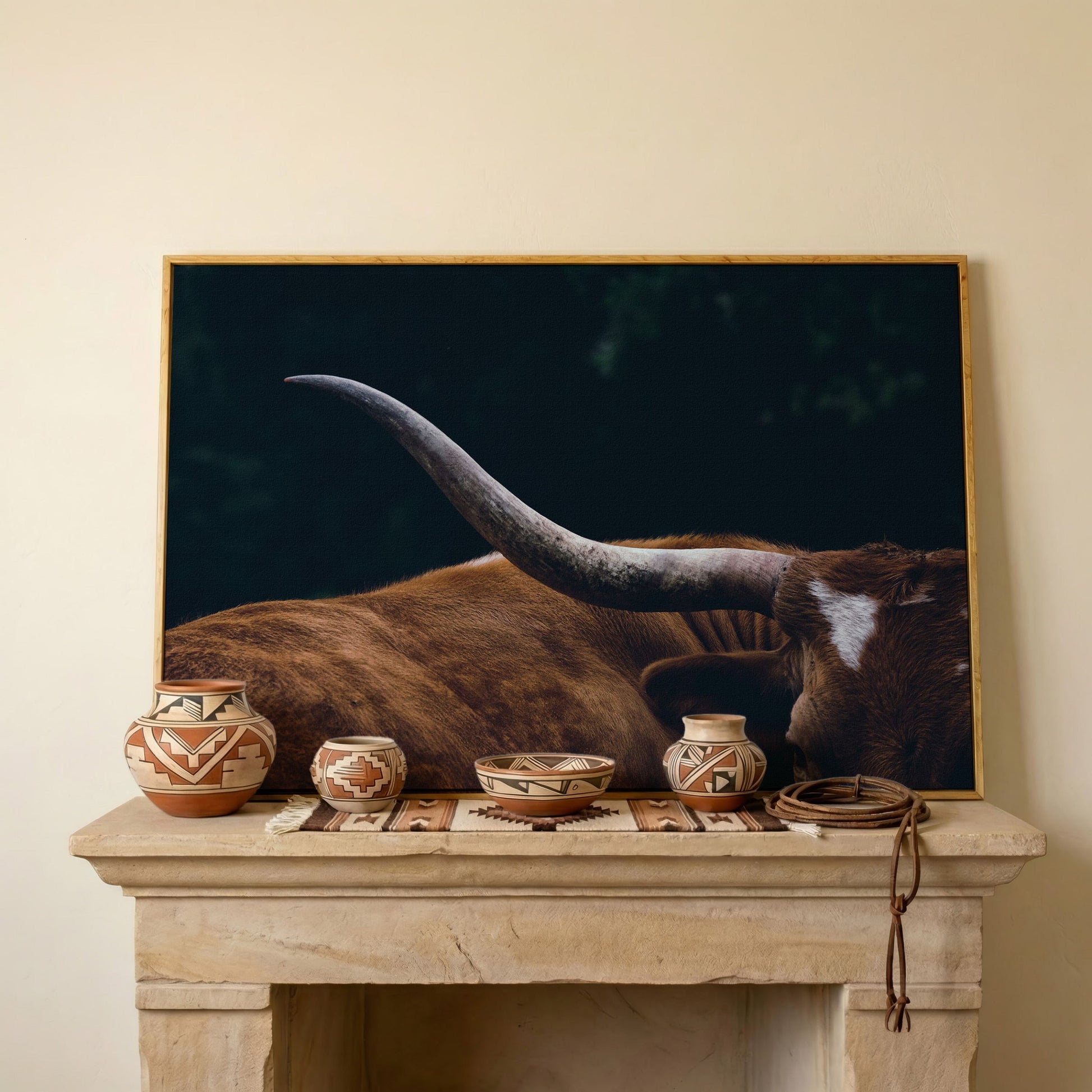 Texas Longhorn Close-Up Canvas Wall Art, Western Farmhouse Decor in white oak floating frame