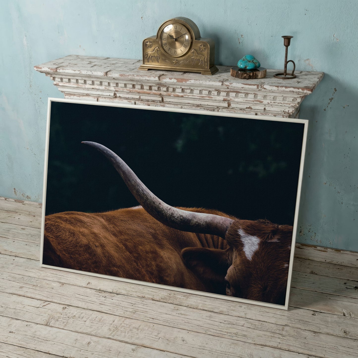 Texas Longhorn Close-Up Canvas Wall Art, Western Farmhouse Decor in white floating frame