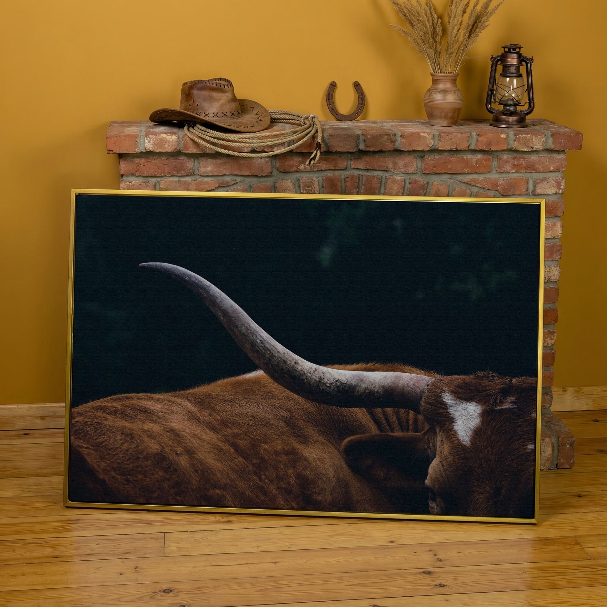 Texas Longhorn Close-Up Canvas Wall Art, Western Farmhouse Decor in yellow gold floating frame