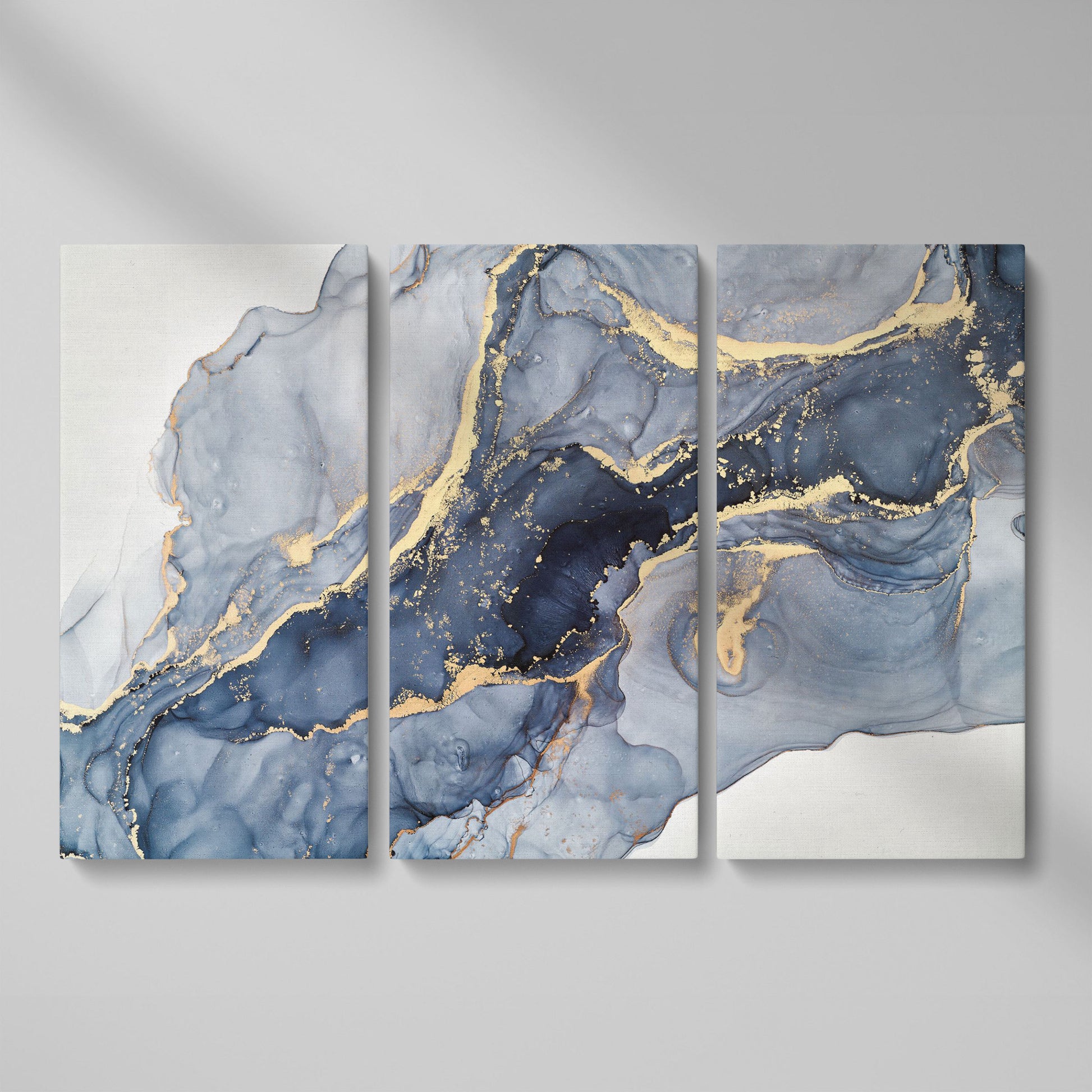 Navy and Gold Fluid Marble Abstract Canvas Wall Art as 3-panel split version
