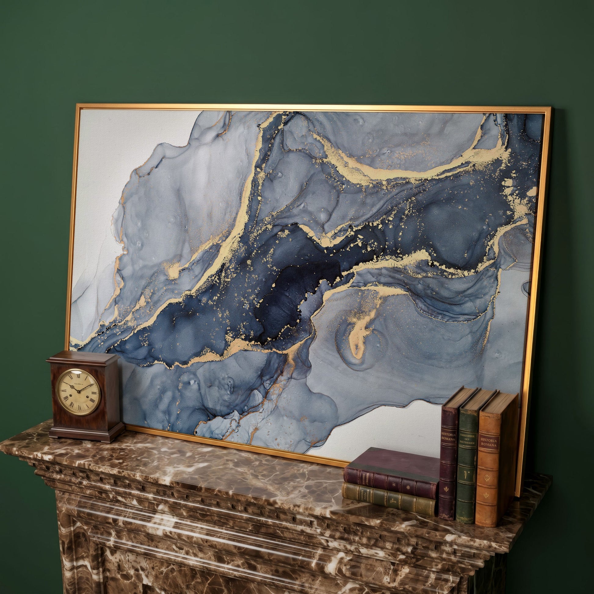Navy and Gold Fluid Marble Abstract Canvas Wall Art in antique gold floating frame