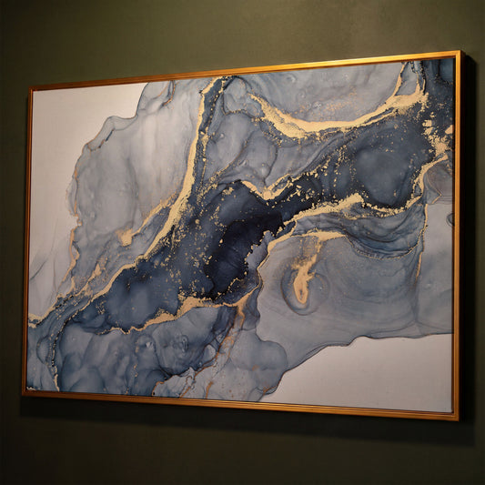 Navy and Gold Fluid Marble Abstract Canvas Wall Art shown in antique gold floating frame