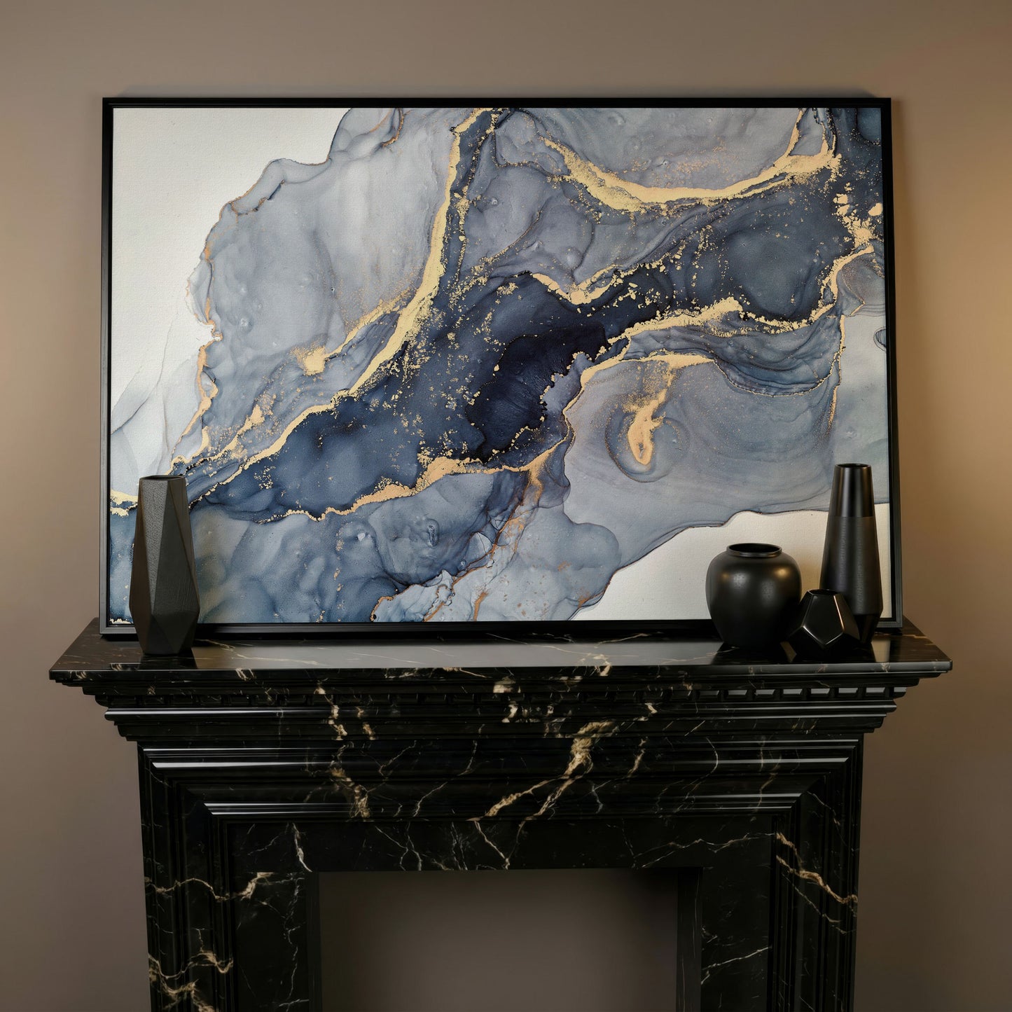 Navy and Gold Fluid Marble Abstract Canvas Wall Art in black floating frame