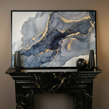 Navy and Gold Fluid Marble Abstract Canvas Wall Art in black floating frame