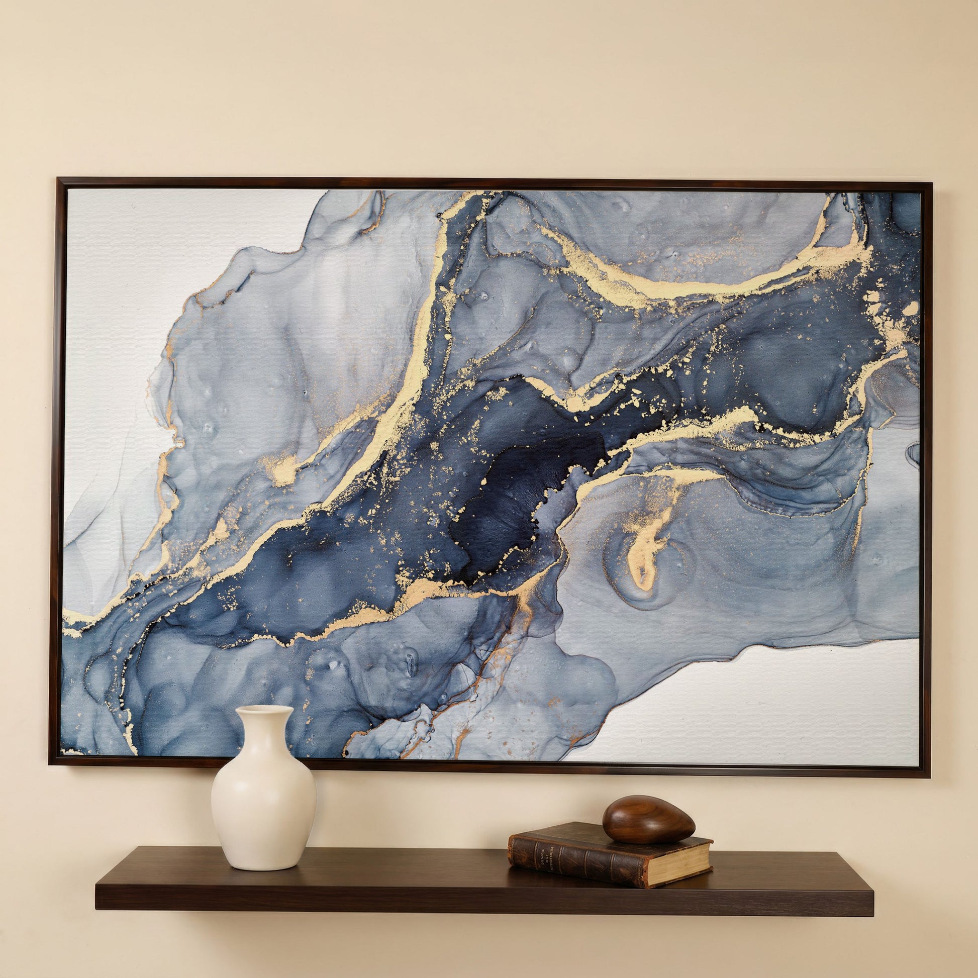 Navy and Gold Fluid Marble Abstract Canvas Wall Art in dark walnut floating frame