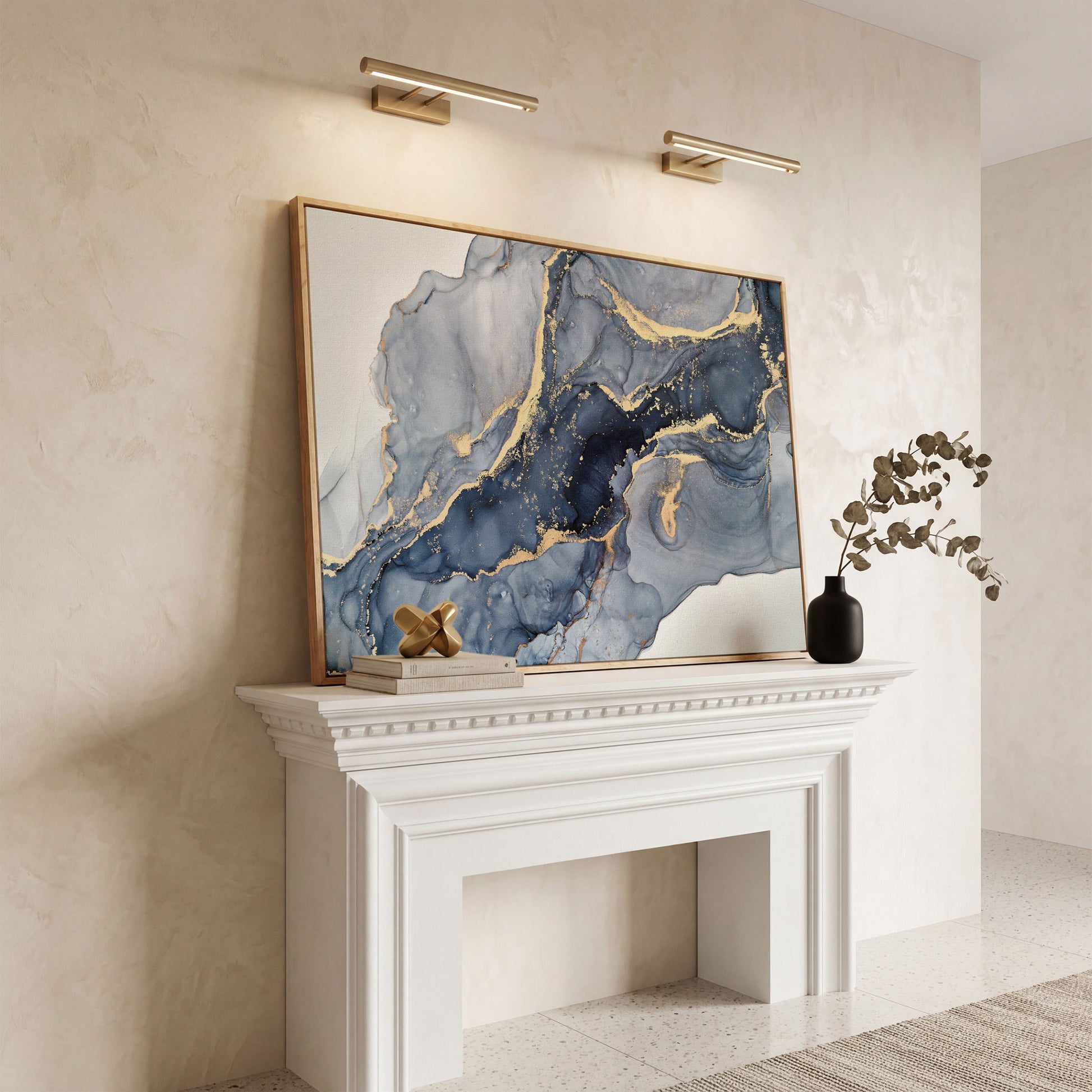 Navy and Gold Fluid Marble Abstract Canvas Wall Art in white oak floating frame